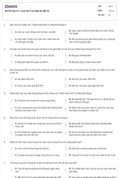 Đề thi Học kì 1 Lịch Sử 9 có đáp án (Đề 4)