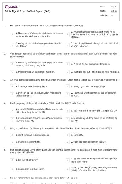 Đề thi Học kì 2 Lịch Sử 9 có đáp án (Đề 3)