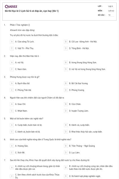 Đề thi Học kì 2 Lịch Sử 6 có đáp án, cực hay (Đề 1)