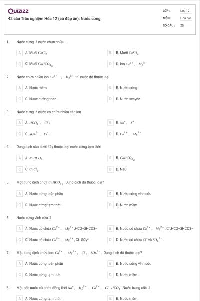 42 câu Trắc nghiệm Hóa 12 (có đáp án): Nước cứng