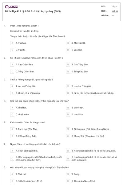 Đề thi Học kì 2 Lịch Sử 6 có đáp án, cực hay (Đề 3)