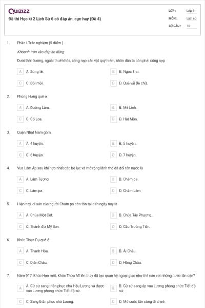 Đề thi Học kì 2 Lịch Sử 6 có đáp án, cực hay (Đề 4)
