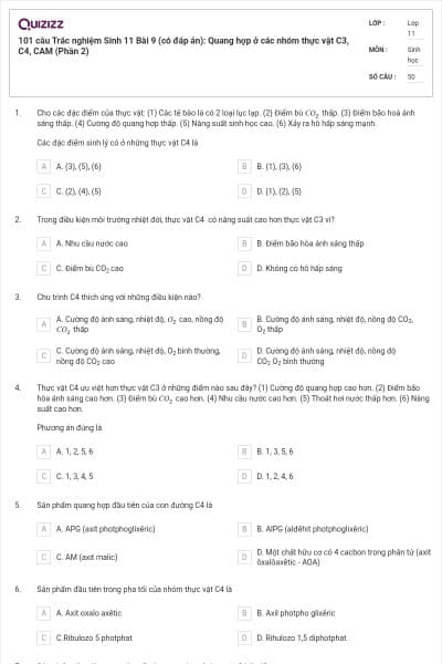 101 câu Trắc nghiệm Sinh 11 Bài 9 (có đáp án): Quang hợp ở các nhóm thực vật C3, C4, CAM (Phần 2)