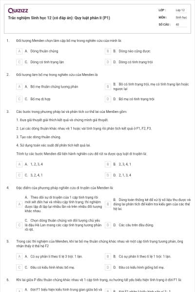 Trắc nghiệm Sinh học 12 (có đáp án): Quy luật phân li (P1)