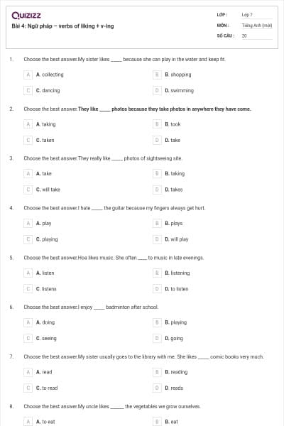 Bài 4: Ngữ pháp – verbs of liking + v-ing