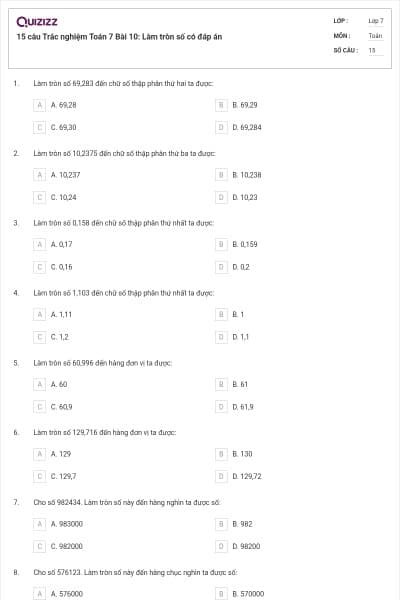 15 câu Trắc nghiệm Toán 7 Bài 10: Làm tròn số có đáp án