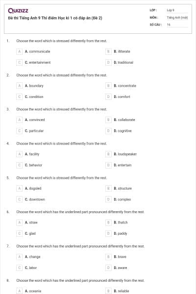 Đề thi Tiếng Anh 9 Thí điểm Học kì 1 có đáp án (Đề 2)