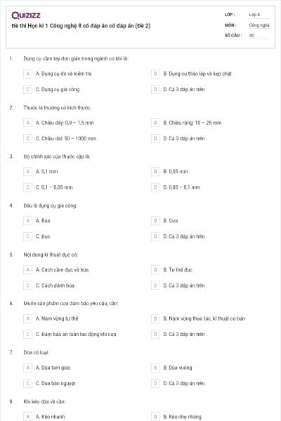 Đề thi Học kì 1 Công nghệ 8 có đáp án có đáp án (Đề 2)
