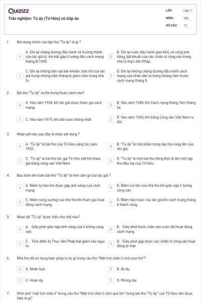 Trắc nghiệm: Từ ấy (Tố Hữu) có đáp án