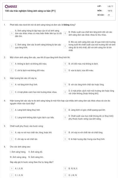 100 câu trắc nghiệm Sóng ánh sáng cơ bản (P1)