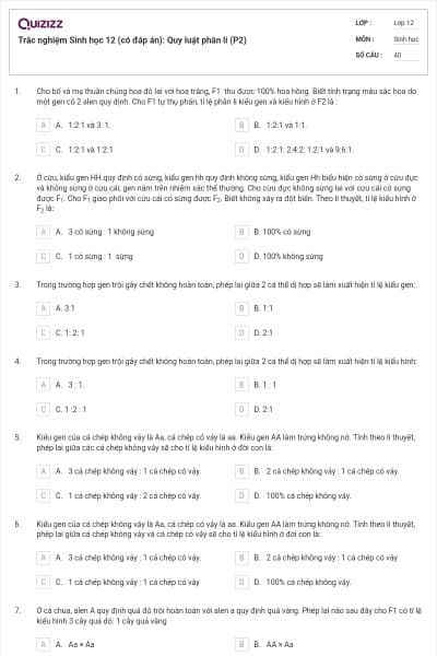 Trắc nghiệm Sinh học 12 (có đáp án): Quy luật phân li (P2)