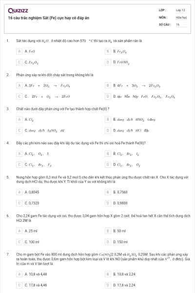 16 câu trắc nghiệm Sắt (Fe) cực hay có đáp án