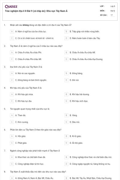 Trắc nghiệm Địa lí 8 Bài 9 (có đáp án): Khu vực Tây Nam Á