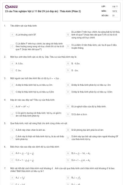 23 câu Trắc nghiệm Vật Lí 11 Bài 29 (có đáp án) : Thấu kính (Phần 2)