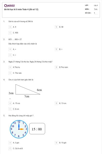 Đề thi học kì II môn Toán 4 (đề số 12)