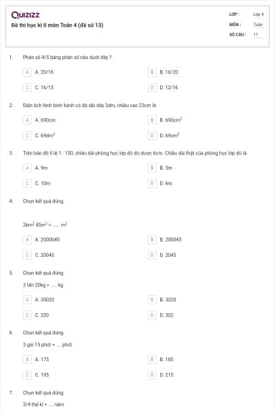 Đề thi học kì II môn Toán 4 (đề số 13)