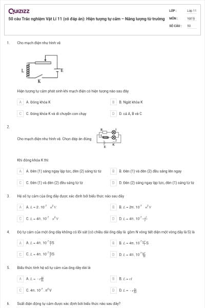 50 câu Trắc nghiệm Vật Lí 11 (có đáp án): Hiện tượng tự cảm – Năng lượng từ trường