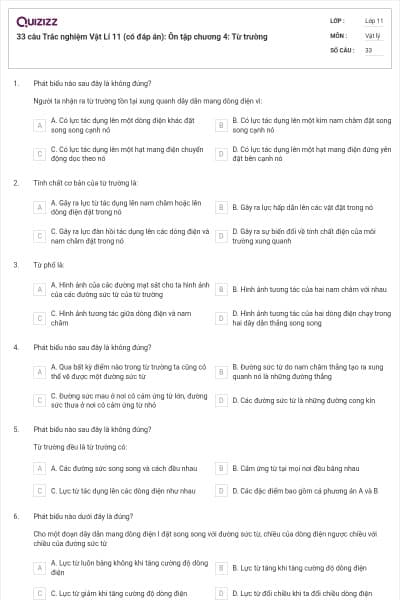 33 câu Trắc nghiệm Vật Lí 11 (có đáp án): Ôn tập chương 4: Từ trường