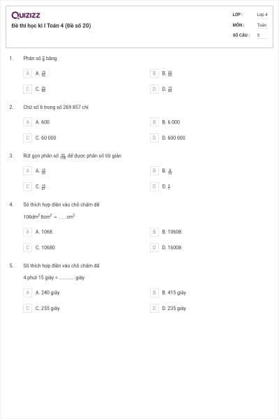 Đề thi học kì I Toán 4 (Đề số 20)