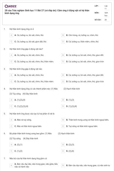 28 câu  Trắc nghệm Sinh học 11 Bài 27 (có đáp án): Cảm ứng ở động vật có hệ thần kinh dạng ống