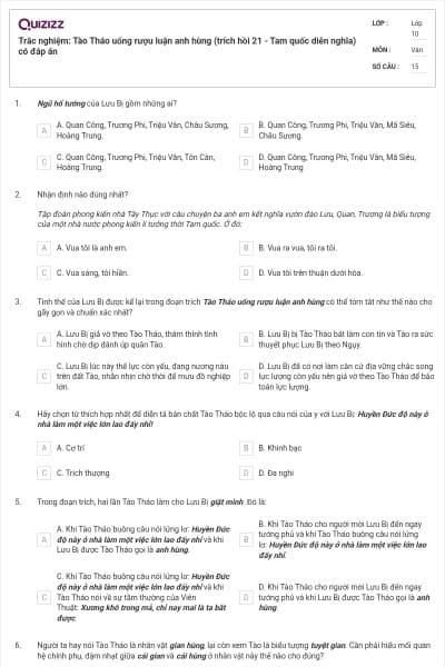 Trắc nghiệm: Tào Tháo uống rượu luận anh hùng (trích hồi 21 - Tam quốc diễn nghĩa) có đáp án