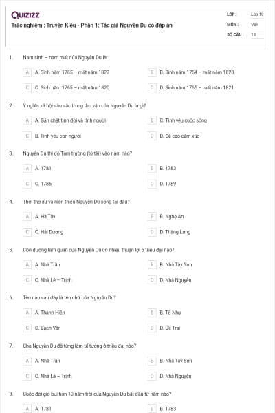 Trắc nghiệm : Truyện Kiều - Phần 1: Tác giả Nguyễn Du có đáp án