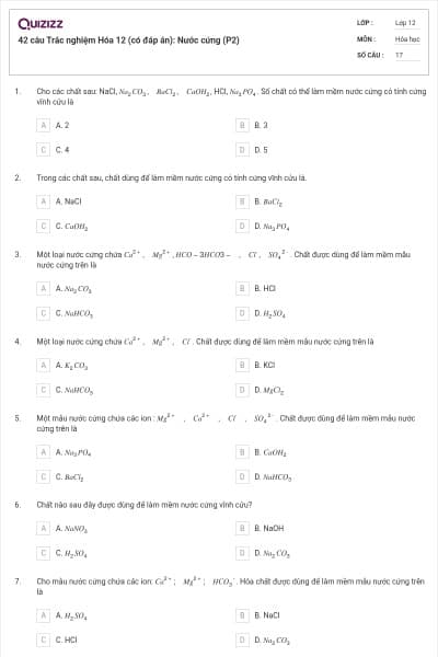 42 câu Trắc nghiệm Hóa 12 (có đáp án): Nước cứng (P2)