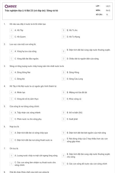 Trắc nghiệm Địa Lí 6 Bài 23 (có đáp án): Sông và hồ