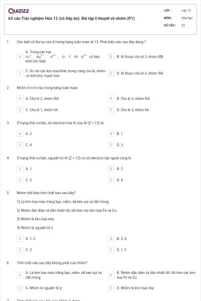 63 câu Trắc nghiệm Hóa 12 (có đáp án): Bài tập lí thuyết về nhôm (P1)