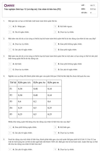 Trắc nghiệm Sinh học 12 (có đáp án): Các nhân tố tiến hóa (P2)