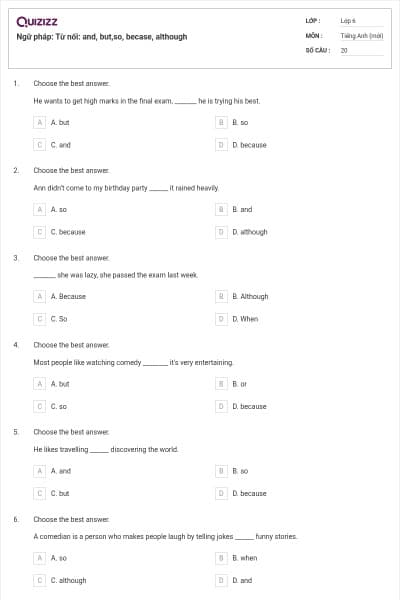Ngữ pháp: Từ nối: and, but,so, becase, although