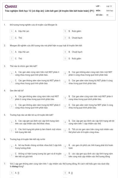 Trắc nghiệm Sinh học 12 (có đáp án): Liên kết gen (di truyền liên kết hoàn toàn) (P1)