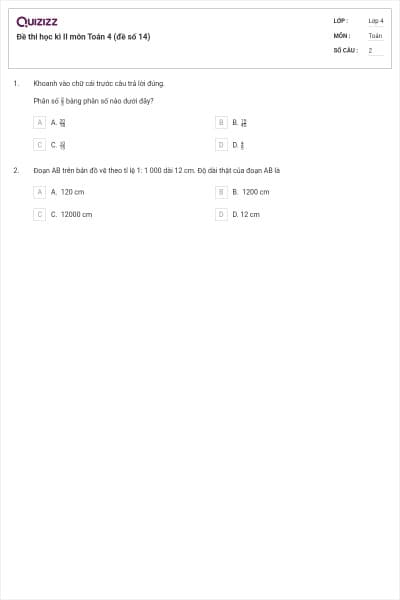 Đề thi học kì II môn Toán 4 (đề số 14)