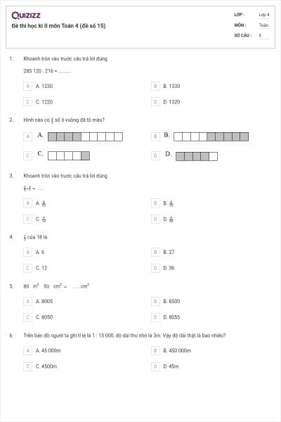 Đề thi học kì II môn Toán 4 (đề số 15)