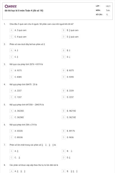 Đề thi học kì II môn Toán 4 (đề số 18)