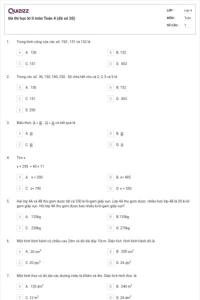 Đề thi học kì II môn Toán 4 (đề số 20)