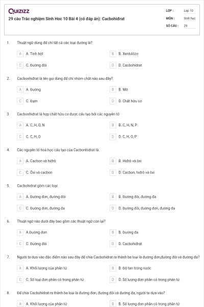 29 câu Trắc nghiệm Sinh Hoc 10 Bài 4 (có đáp án): Cacbohiđrat