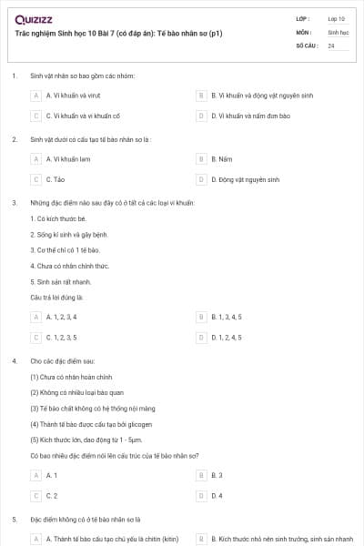 Trắc nghiệm Sinh học 10 Bài 7 (có đáp án): Tế bào nhân sơ (p1)