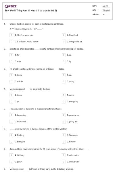 Bộ 4 Đề thi Tiếng Anh 11 Học kì 1 có đáp án (Đề 2)