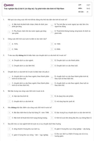 Trắc nghiệm Địa lý bài 6 (có đáp án): Sự phát triển nền kinh tế Việt Nam