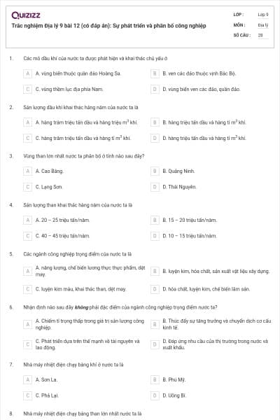 Trắc nghiệm Địa lý 9 bài 12 (có đáp án): Sự phát triển và phân bố công nghiệp
