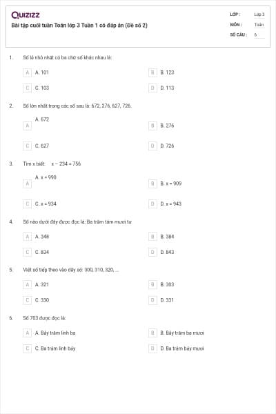 Bài tập cuối tuần Toán lớp 3 Tuần 1 có đáp án (Đề số 2)