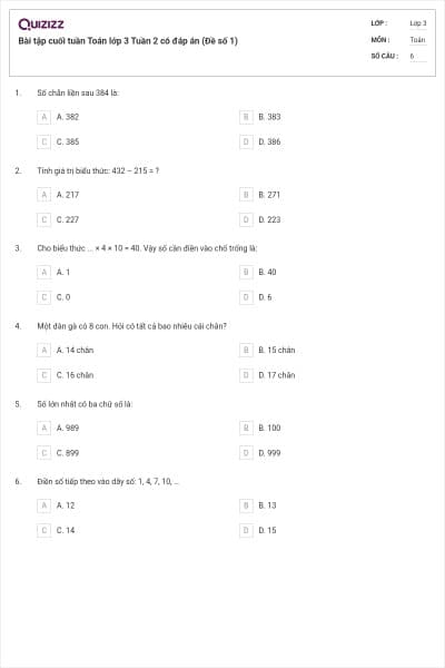 Bài tập cuối tuần Toán lớp 3 Tuần 2 có đáp án (Đề số 1)