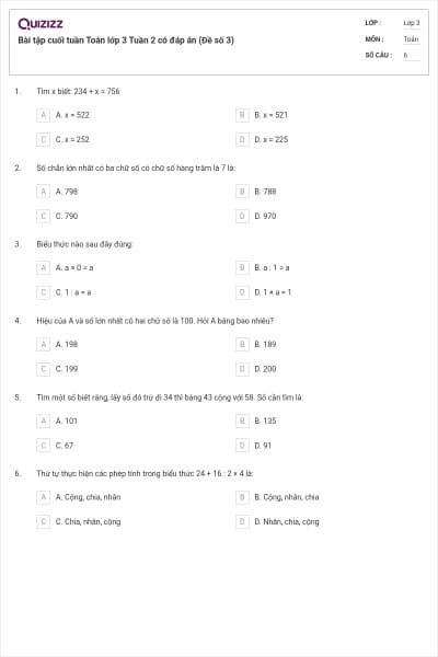 Bài tập cuối tuần Toán lớp 3 Tuần 2 có đáp án (Đề số 3)