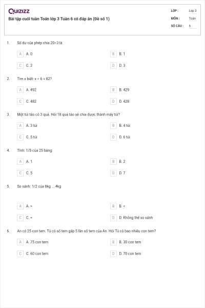 Bài tập cuối tuần Toán lớp 3 Tuần 6 có đáp án (Đề số 1)