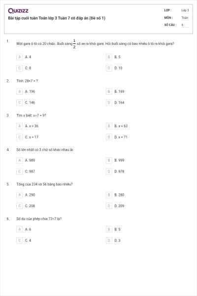 Bài tập cuối tuần Toán lớp 3 Tuần 7 có đáp án (Đề số 1)