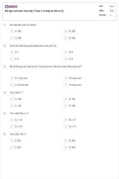 Bài tập cuối tuần Toán lớp 3 Tuần 7 có đáp án (Đề số 2)