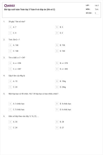 Bài tập cuối tuần Toán lớp 3 Tuần 8 có đáp án (Đề số 2)