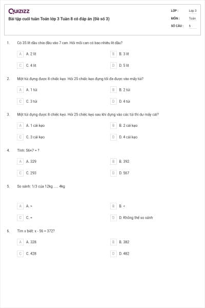 Bài tập cuối tuần Toán lớp 3 Tuần 8 có đáp án (Đề số 3)