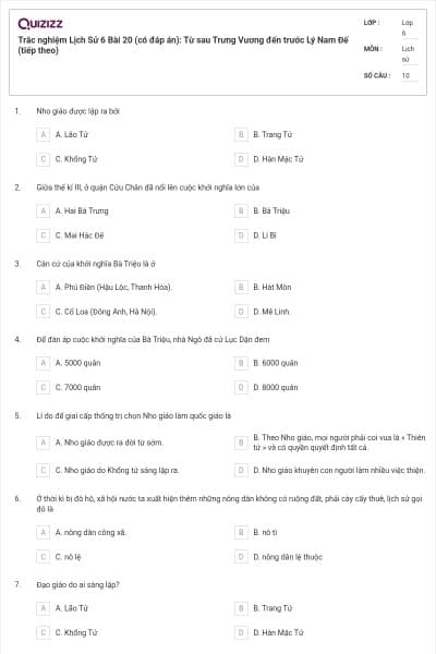 Trắc nghiệm Lịch Sử 6 Bài 20 (có đáp án): Từ sau Trưng Vương đến trước Lý Nam Đế (tiếp theo)